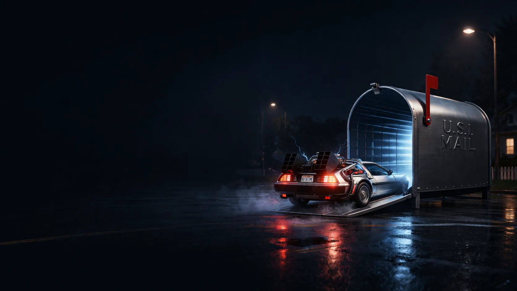 Un buzón metálico abierto de noche con un coche saliendo desde su interior.